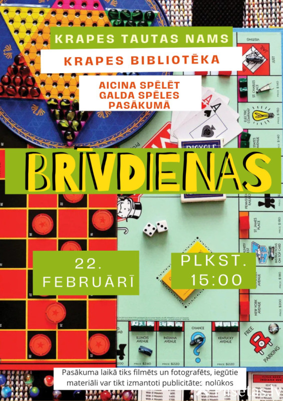 Galda spēļu pasākums ģimenēm &ldquo;Brīvdienas&rdquo; Krapē